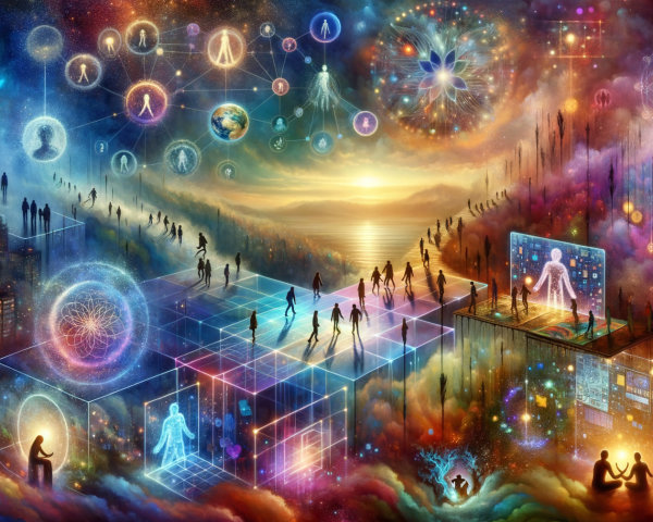 Surreal Landscape with Abstract Figures and Celestial Patterns