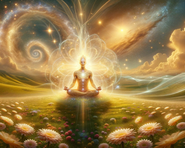 Meditative Figure in a Lush Meadow with Cosmic Sky