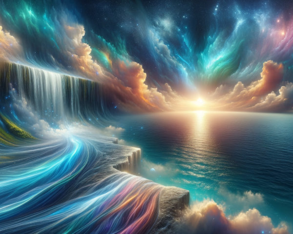 Cascading Waterfalls and Serene Ocean Landscape