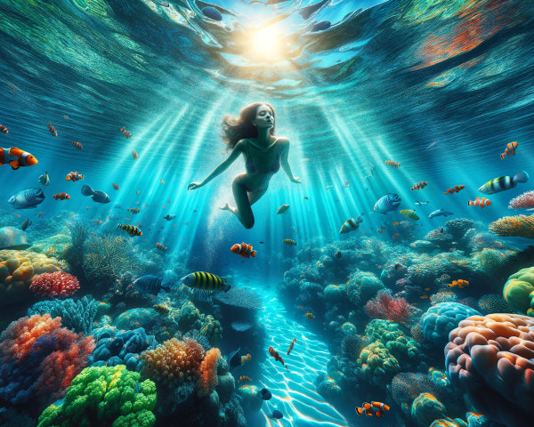 Serene Underwater Scene with Mermaid and Coral Reef