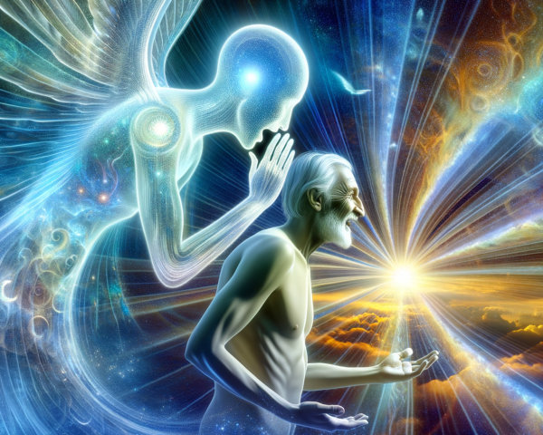 Ethereal Guardian Figure in Cosmic Landscape Scene