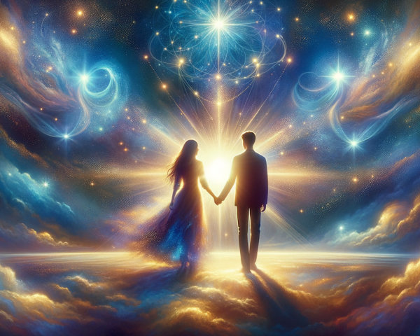 Couple Holding Hands in a Cosmic Dreamlike Scene