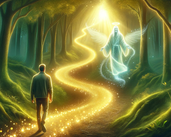 Serene Forest Path with Ethereal Light and Angelic Figure