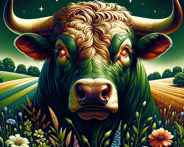 Stylized illustration of a bull in a vibrant landscape