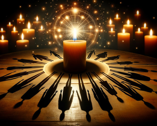 Circular Shadows and Glowing Candles on Wood Surface