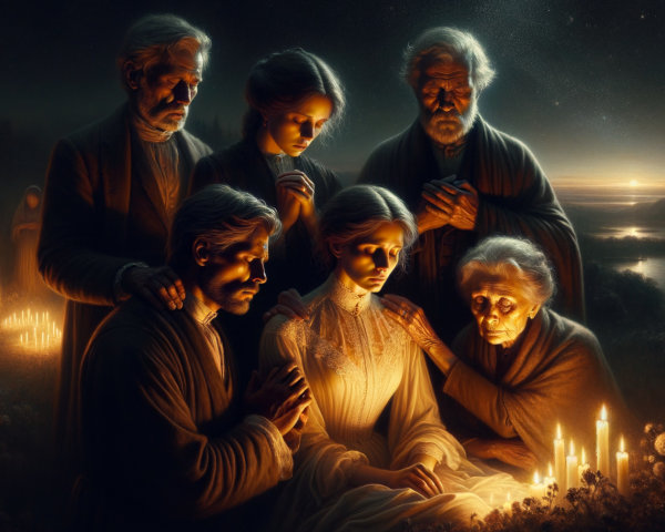 Gathering of Six Figures in a Dimly Lit Scene