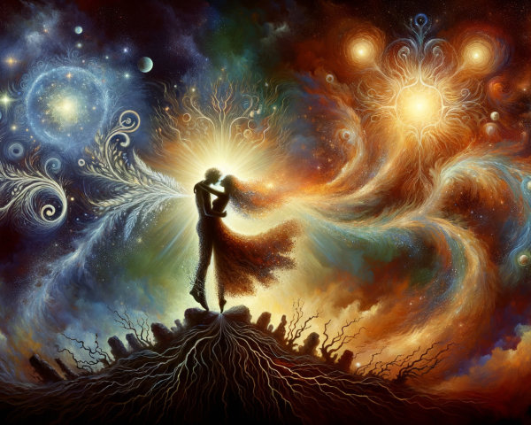 Cosmic Embrace Amidst Vibrant Galaxies and Stars