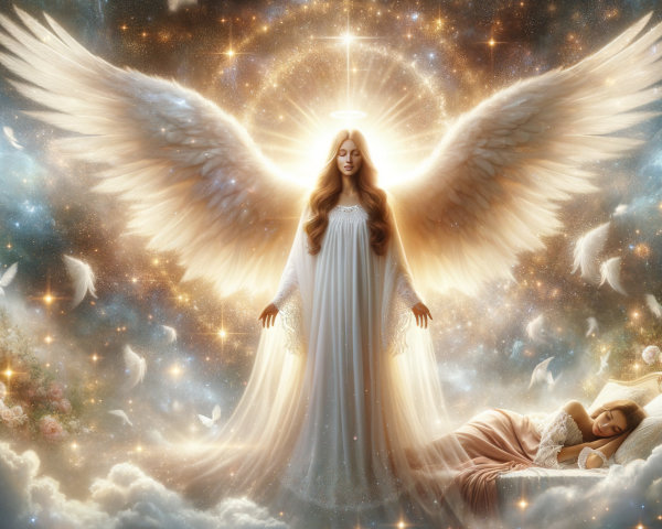 Radiant Angel Above Peaceful Sleeper in Ethereal Scene