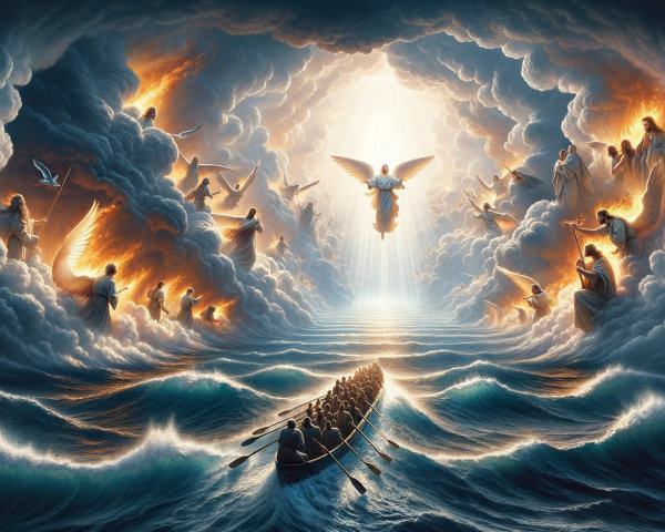Heavenly Scene of Angels Above Ocean and Passenger Boat