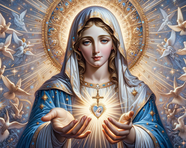 Virgin Mary in Blue Robe with Starry Night Background