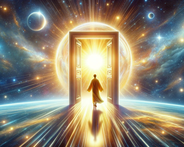 Cosmic Scene with Figure and Illuminated Doorway