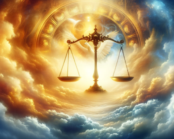 Celestial Scene with Golden Balance Scale in Clouds