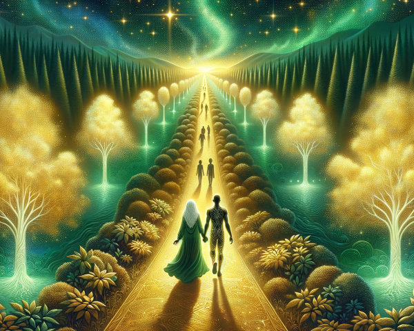 Mystical Scene of Glowing Path and Golden Trees