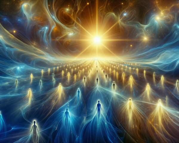 Ethereal Cosmic Scene with Glowing Figures and Light