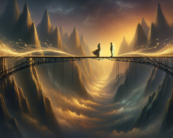 Surreal Landscape with Figures on a Futuristic Bridge