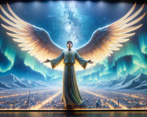 Majestic angel with wings amidst vibrant auroras
