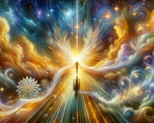 Cosmic Landscape with Radiant Figure and Colors