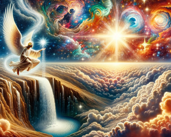 Majestic angel above luminous waterfall in cosmic scene