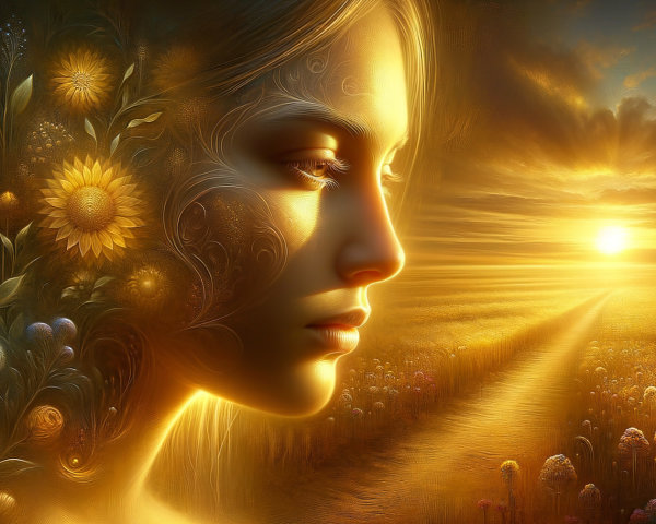Silhouette of a Woman with Floral Patterns at Sunset