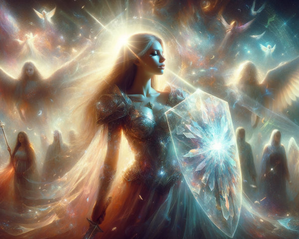 Radiant Warrior in Ethereal Light and Angelic Figures