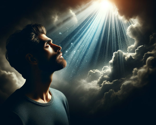 Contemplative Man Under Radiant Beams and Clouds