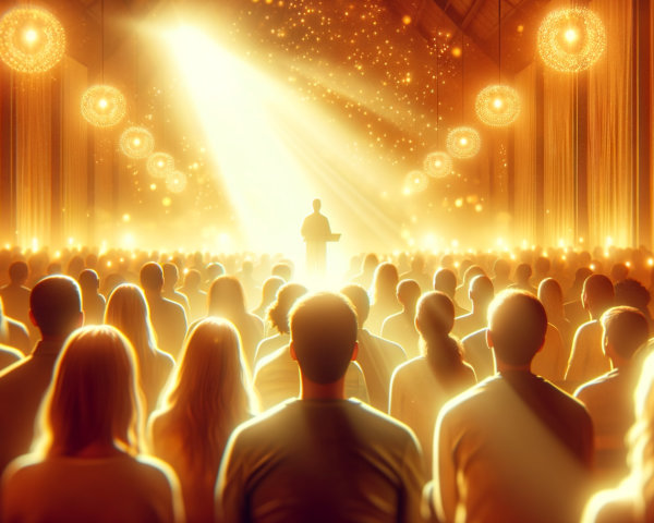 Audience in Grand Hall Listening to Speaker at Podium