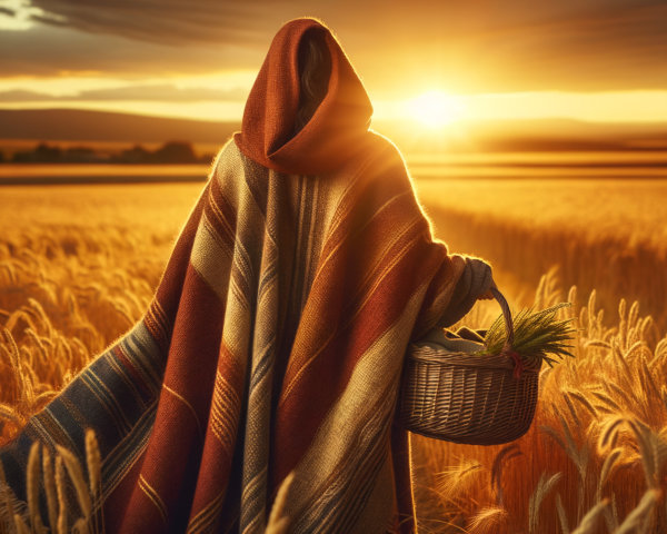 Figure in Cloak in Wheat Field at Sunset