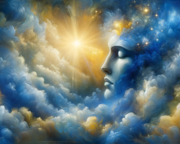 Surreal Face in Clouds with Soft Blues and Golds