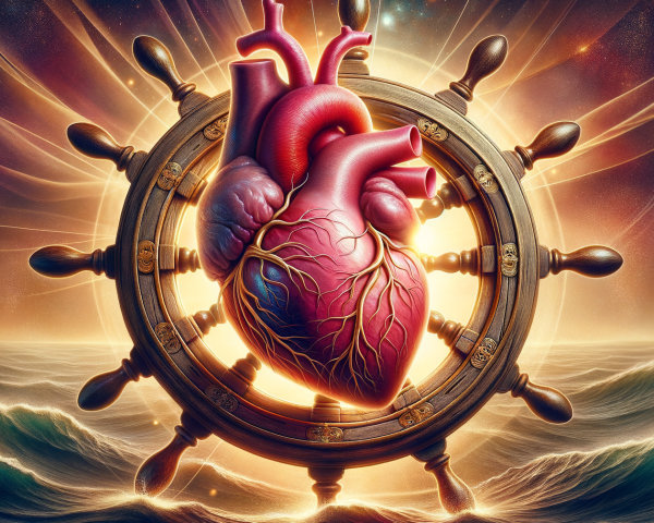Surreal Illustration of Heart in Ship's Steering Wheel