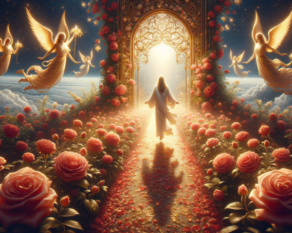 Jesus on a path of rose petals under a starry sky