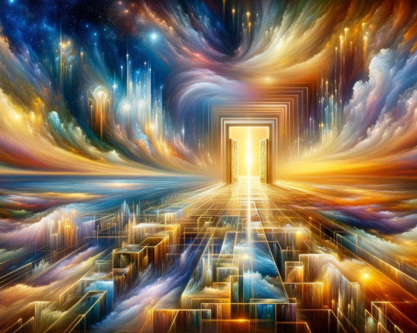 Surreal Landscape with Vibrant Colors and Luminous Doorway
