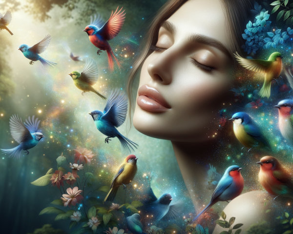 Woman in Ethereal Light Surrounded by Colorful Birds
