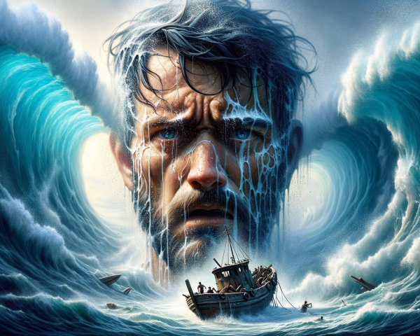 Man's Face in Ocean Waves Reflects Desperation and Courage