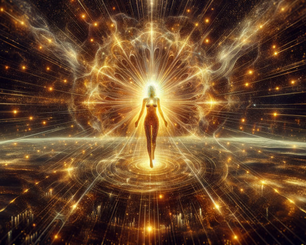 Luminous Figure in Cosmic Golden Light Scene