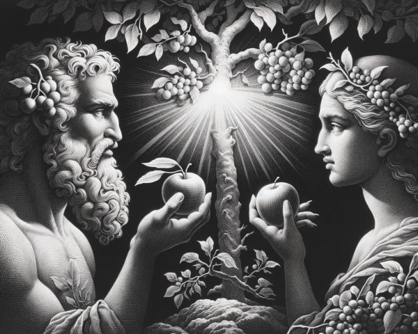 Dramatic Scene of Two Figures with Apples and Tree