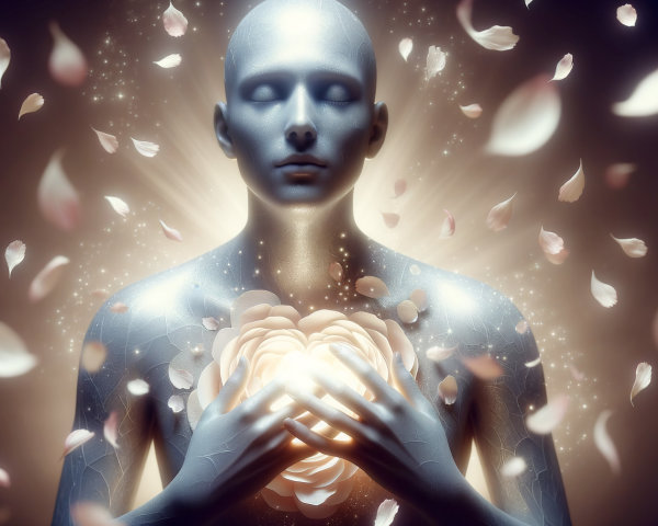 Humanoid Figure with Glowing Rose in Cosmic Setting