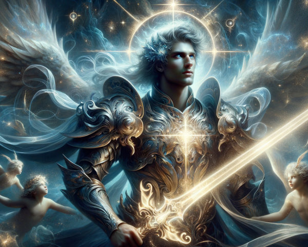Majestic armored figure with angelic beings and light