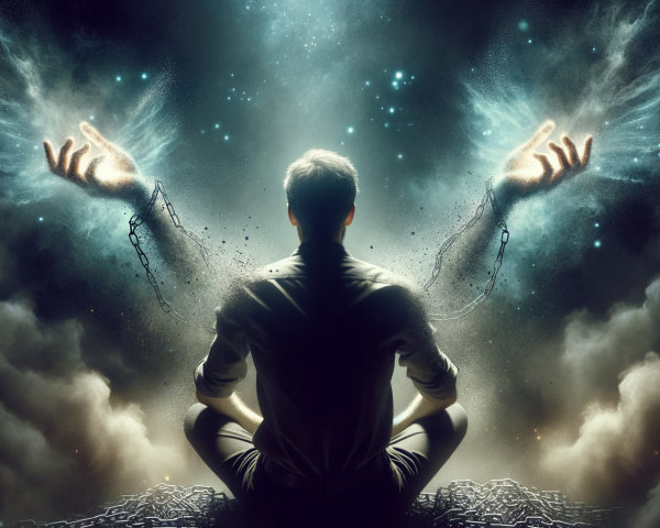 Meditative Figure with Ethereal Wings and Clouds