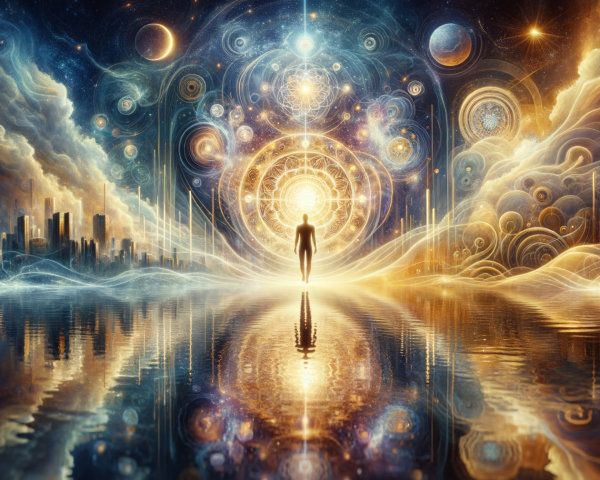 Solitary Figure by Serene Water with Cosmic Reflections