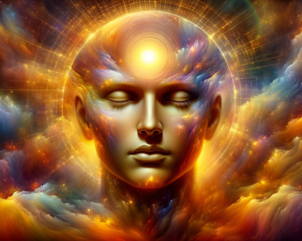 Cosmic Face Surrounded by Vibrant Energy Clouds