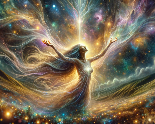 Ethereal Figure Amidst Cosmic Light and Landscapes