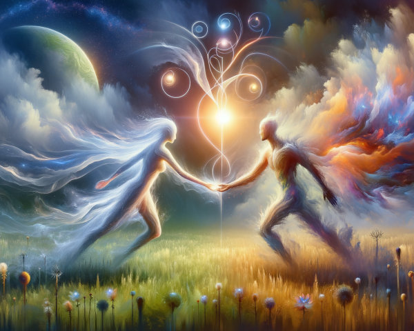 Ethereal Figures in Surreal Landscape with Light Connection
