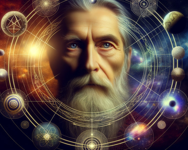 Elderly Man's Face with Cosmic Patterns and Stars