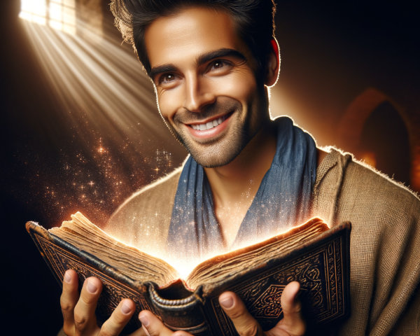 Smiling Man with Ancient Book in Mystical Light