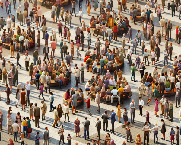 Urban plaza scene with diverse crowd and activities