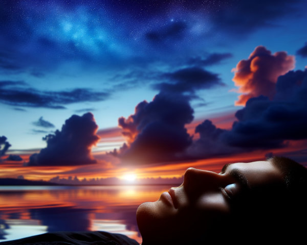 Young man relaxing under a vibrant sunset sky