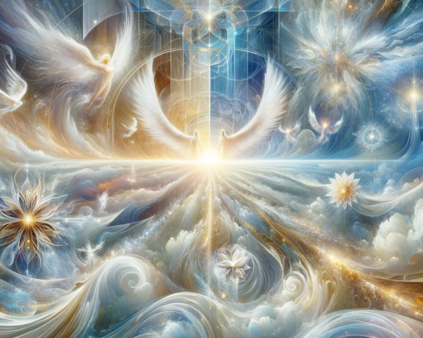 Celestial Scene with Ethereal Beings and Vibrant Colors