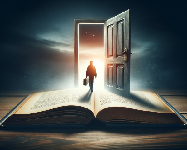 Open Book on Table with Silhouette by Doorway