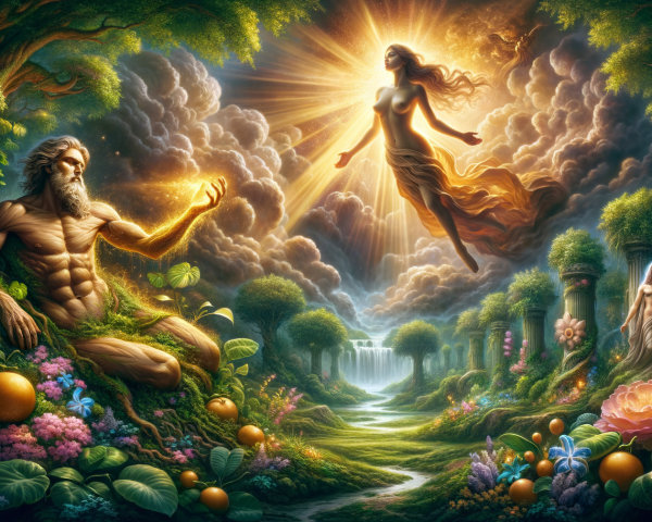 Majestic figure in mythical landscape with glowing orb