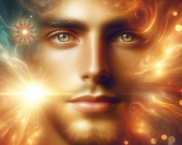 Close-up of a man's face in vibrant cosmic colors